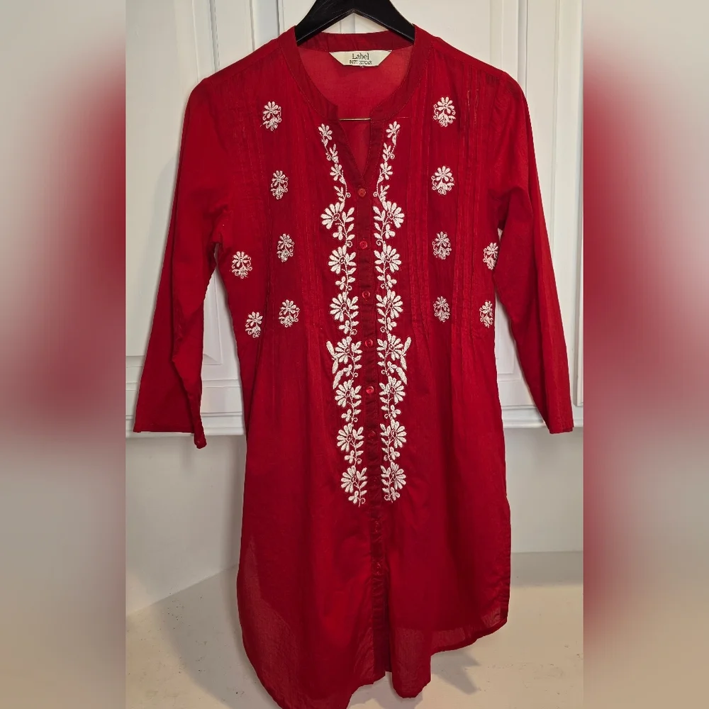 Boho Festival Top Red Embroidered 100% Cotton Tunic Kurta Ethnic Rita Kumar S/M - Picture 2 of 8